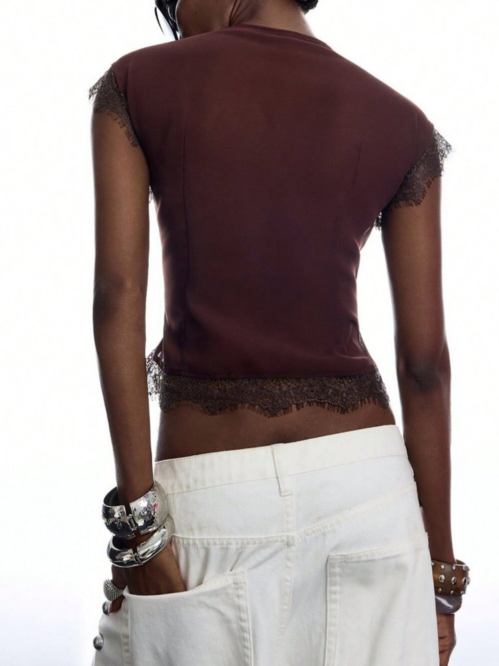 Brown Sexy Women's Minimalism Lace Tie Detail Asymmetrical Sheer Blouse - Picture 2 of 7